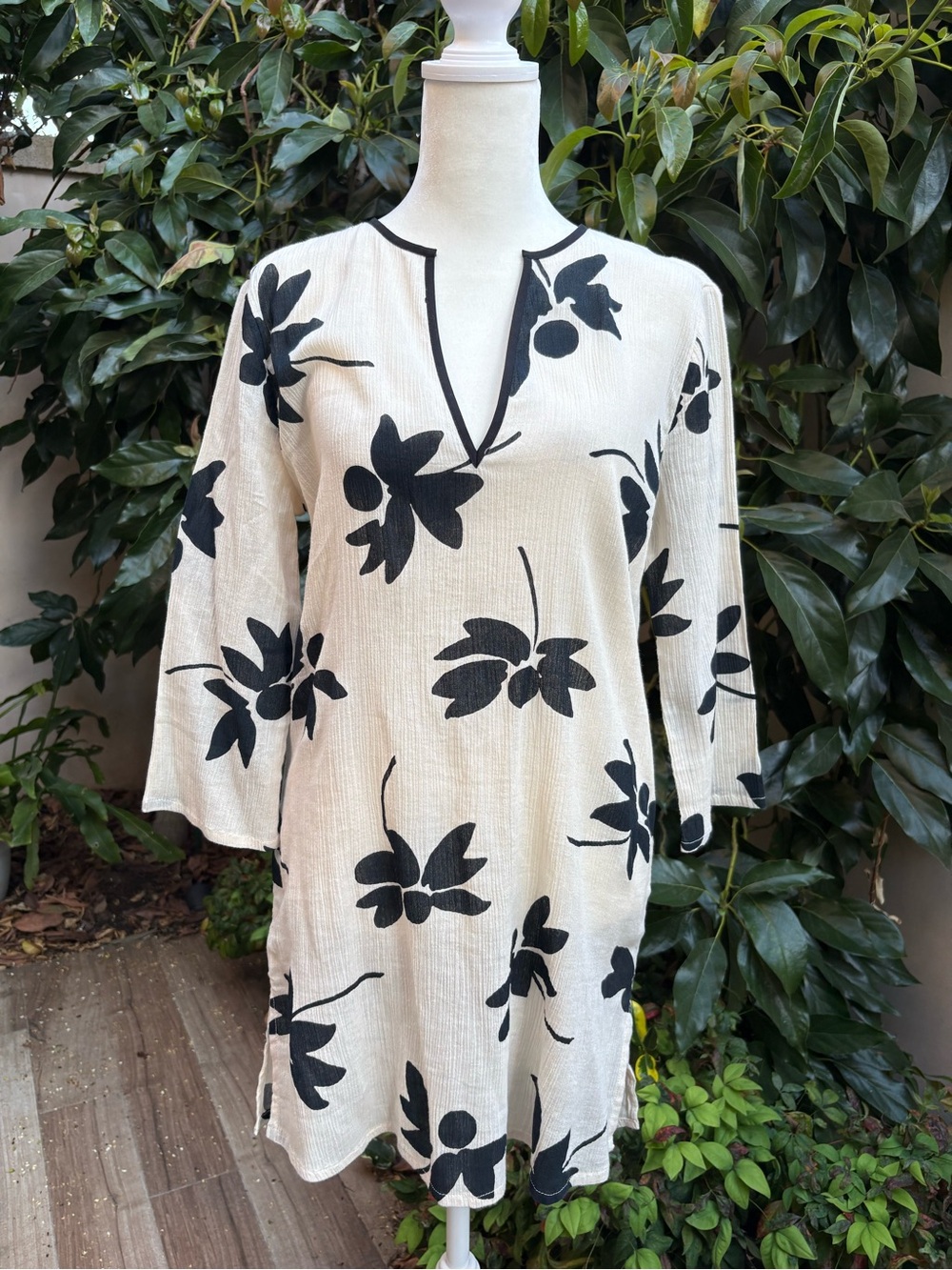 J. Crew Cream and Black Floral Tunic Swim Coverup m